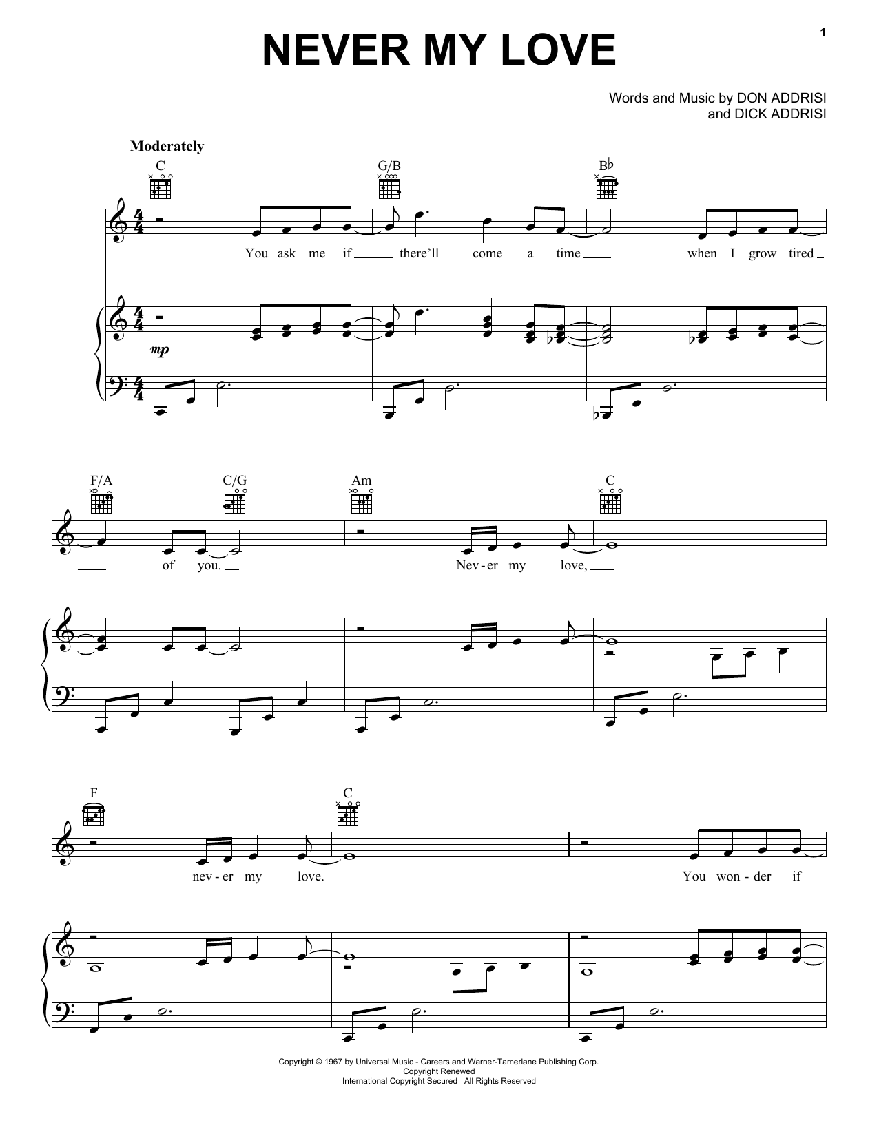 The Association Never My Love sheet music notes and chords. Download Printable PDF.