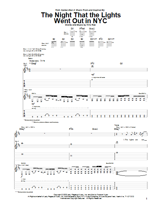 Learn to play The Ataris The Night That The Lights Went Out In NYC sheet music for Guitar Tab in minutes. Price: 7.8900$ The Ataris The Night That The Lights Went Out In NYC sheet music notes and chords arranged for Guitar Tab