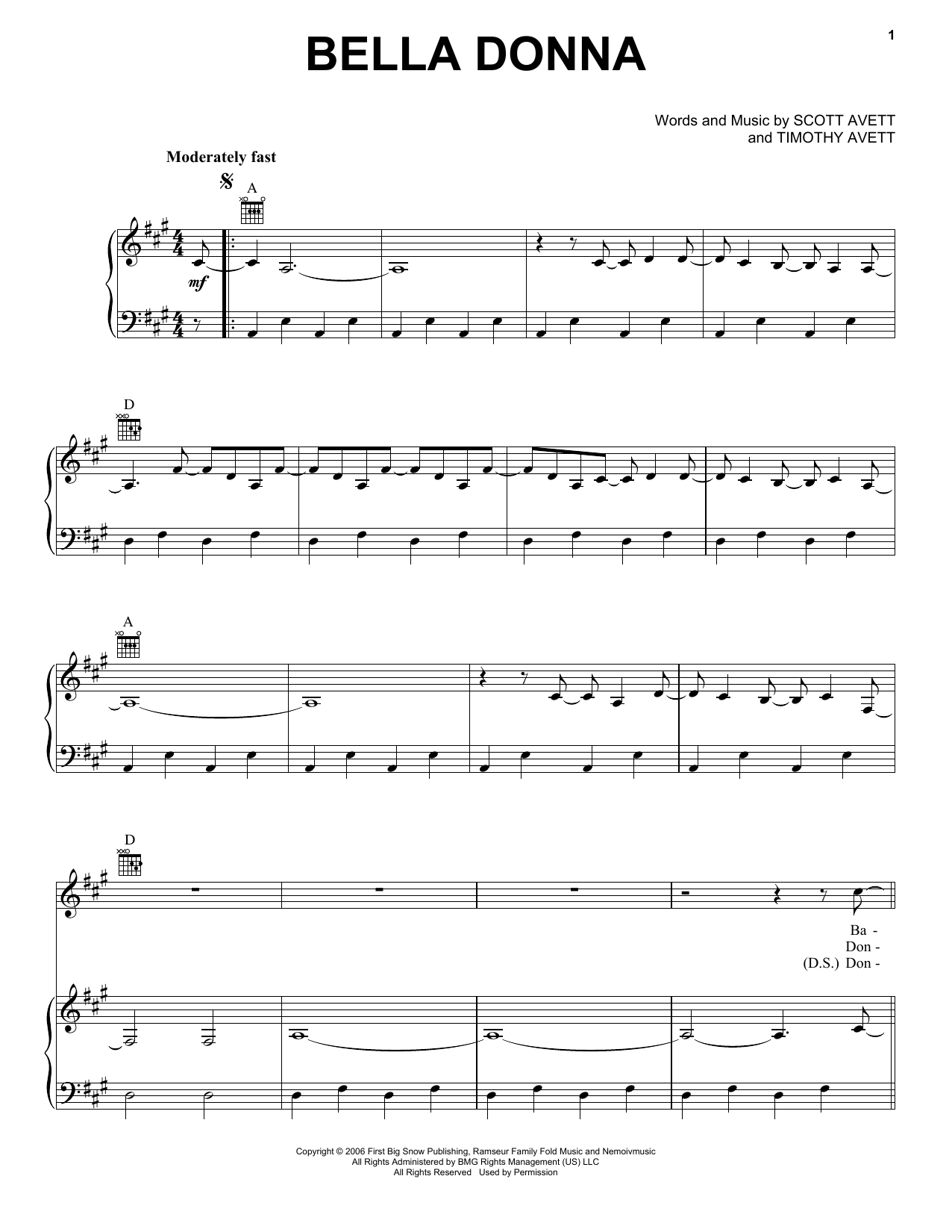 Learn to play The Avett Brothers Bella Donna sheet music for Piano, Vocal & Guitar Chords (Right-Hand Melody) in minutes. Price: 7.8900$ The Avett Brothers Bella Donna sheet music notes and chords arranged for Piano, Vocal & Guitar Chords (Right-Hand Melody)