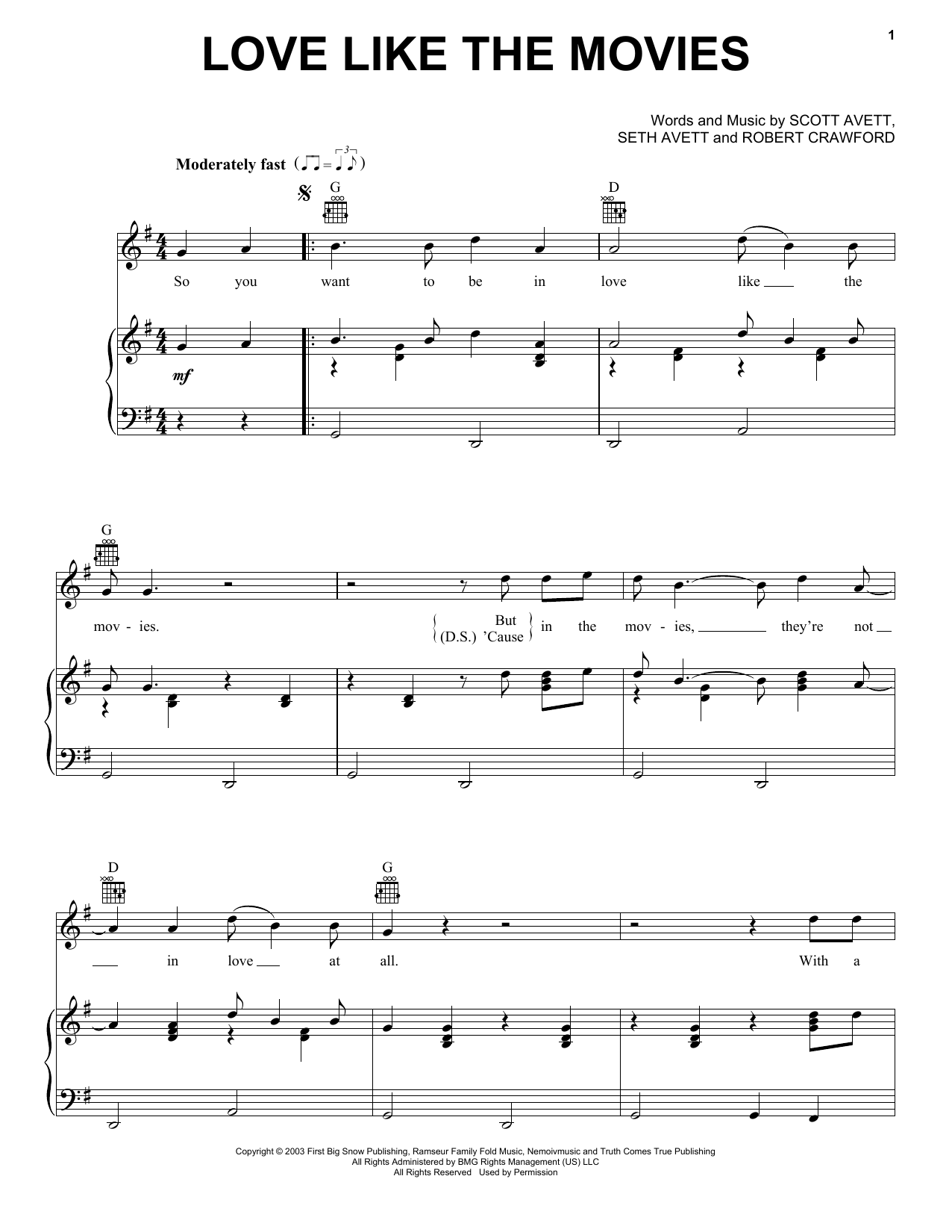 Learn to play The Avett Brothers Love Like The Movies sheet music for Piano, Vocal & Guitar Chords (Right-Hand Melody) in minutes. Price: 7.8900$ The Avett Brothers Love Like The Movies sheet music notes and chords arranged for Piano, Vocal & Guitar Chords (Right-Hand Melody)