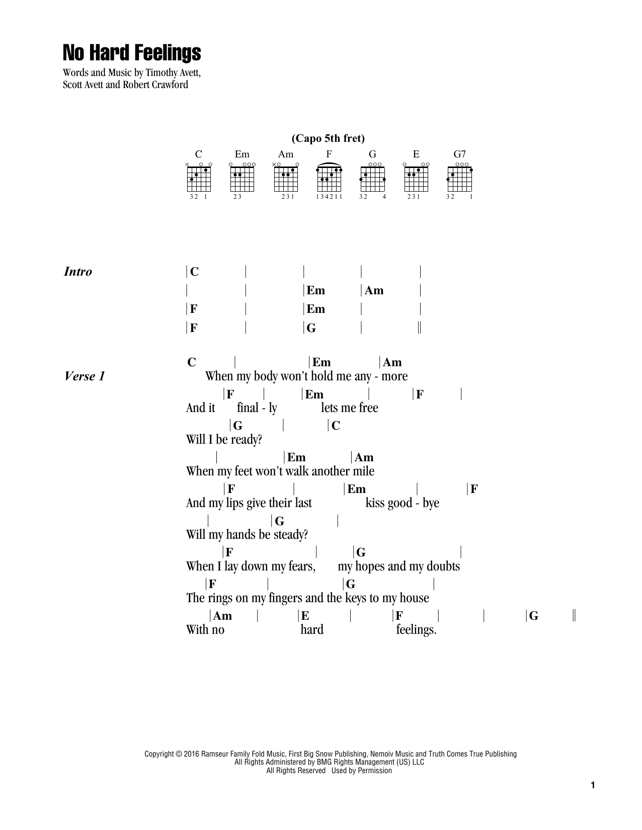 The Avett Brothers No Hard Feelings sheet music notes and chords. Download Printable PDF.