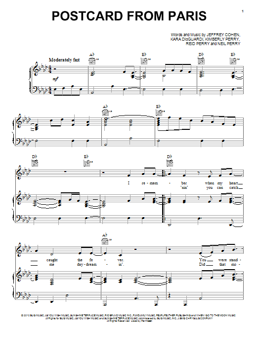 Learn to play The Band Perry Postcard From Paris sheet music for Piano, Vocal & Guitar Chords (Right-Hand Melody) in minutes. Price: 7.8900$ The Band Perry Postcard From Paris sheet music notes and chords arranged for Piano, Vocal & Guitar Chords (Right-Hand Melody)