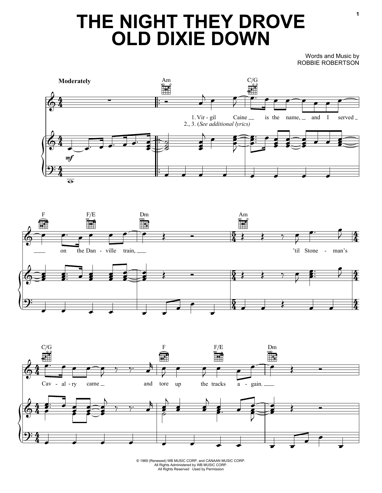 The Band The Night They Drove Old Dixie Down sheet music notes and chords. Download Printable PDF.