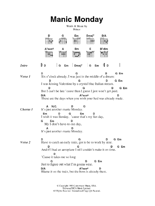 The Bangles Manic Monday sheet music notes and chords. Download Printable PDF.