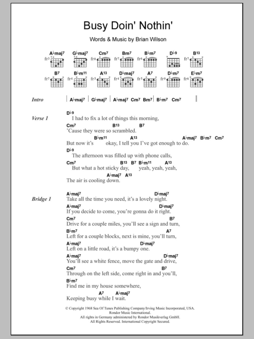 The Beach Boys Busy Doin' Nothin' sheet music notes and chords. Download Printable PDF.