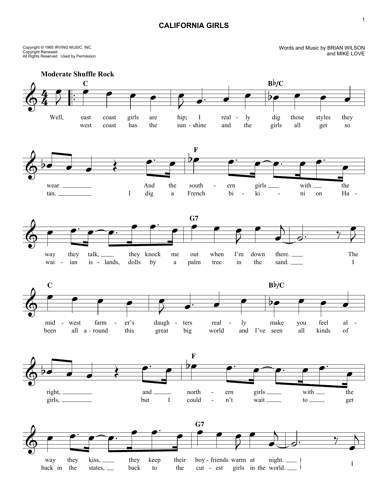 The Beach Boys California Girls sheet music notes and chords. Download Printable PDF.