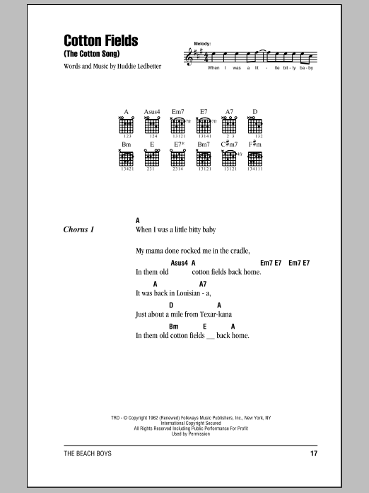 The Beach Boys Cotton Fields (The Cotton Song) sheet music notes and chords. Download Printable PDF.