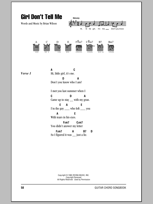 The Beach Boys Girl Don't Tell Me sheet music notes and chords. Download Printable PDF.