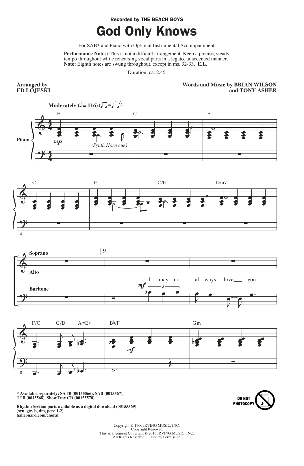 Ed Lojeski God Only Knows sheet music notes and chords. Download Printable PDF.