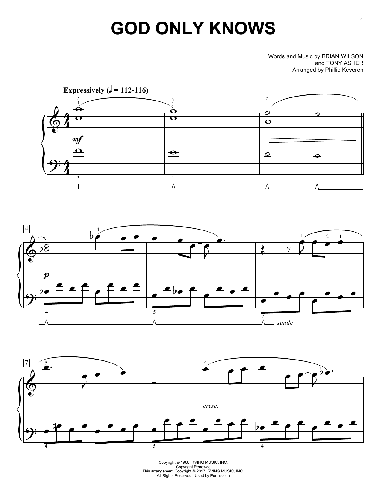 The Beach Boys God Only Knows [Classical version] (arr. Phillip Keveren) sheet music notes and chords. Download Printable PDF.