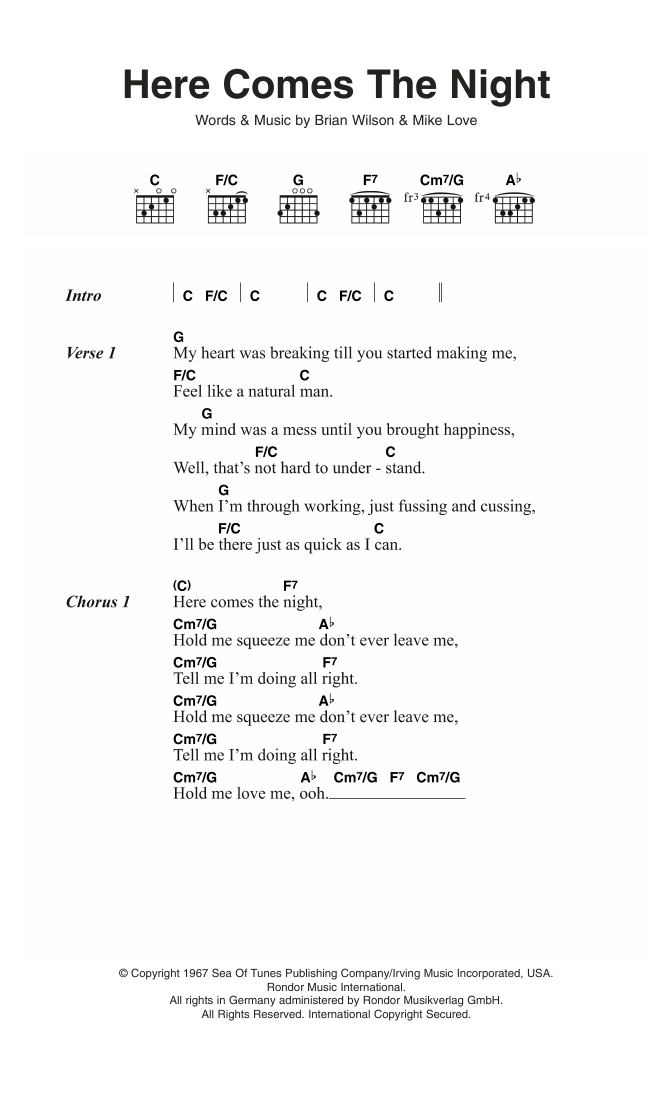 The Beach Boys Here Comes The Night sheet music notes and chords. Download Printable PDF.