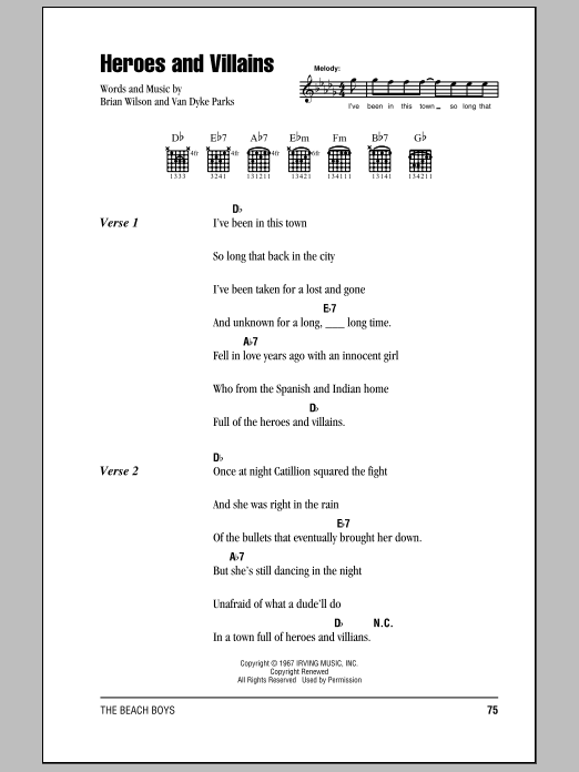 The Beach Boys Heroes And Villains sheet music notes and chords. Download Printable PDF.