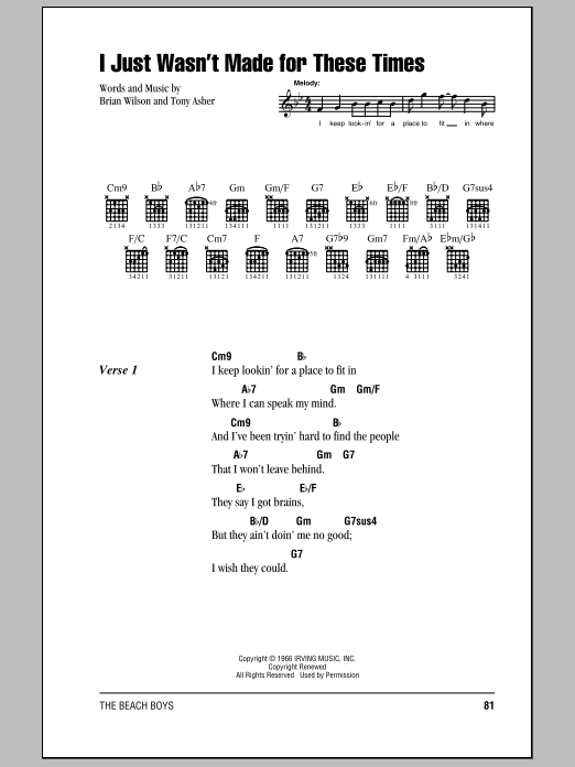 The Beach Boys I Just Wasn't Made For These Times sheet music notes and chords. Download Printable PDF.