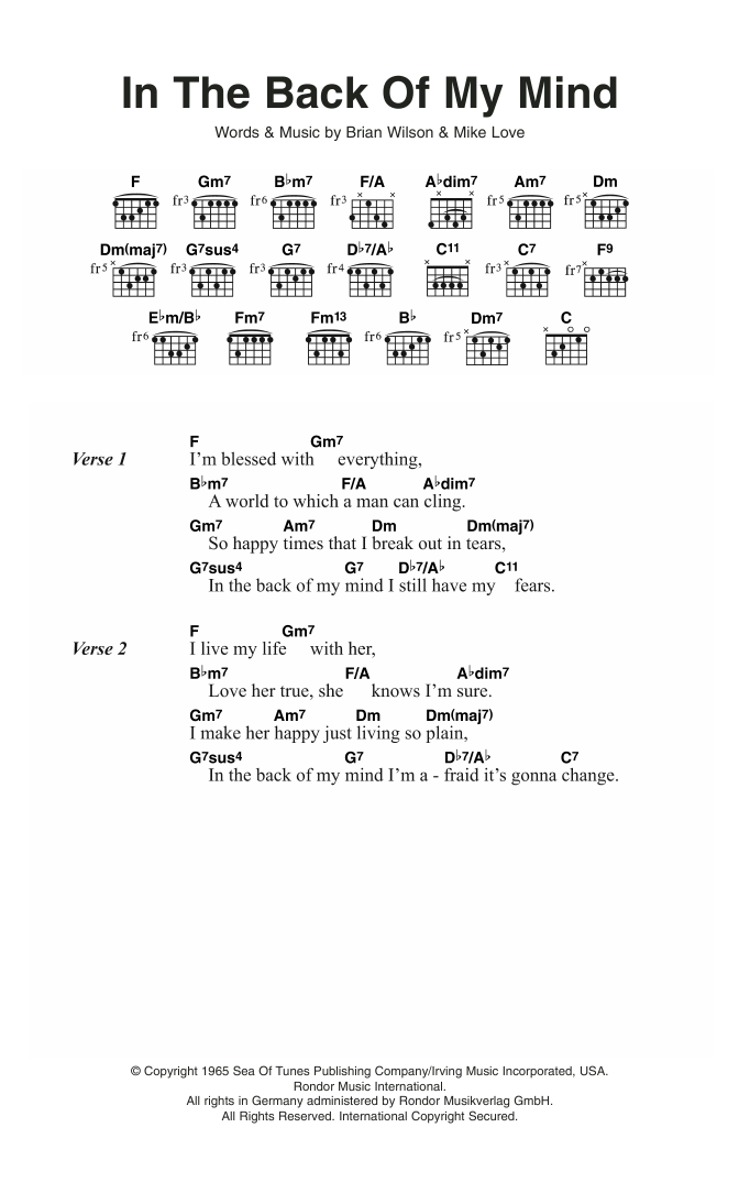 The Beach Boys In The Back Of My Mind sheet music notes and chords. Download Printable PDF.