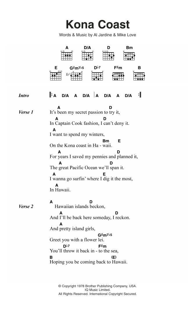 The Beach Boys Kona Coast sheet music notes and chords. Download Printable PDF.