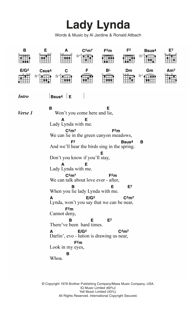 The Beach Boys Lady Lynda sheet music notes and chords. Download Printable PDF.