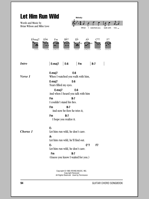 The Beach Boys Let Him Run Wild sheet music notes and chords. Download Printable PDF.