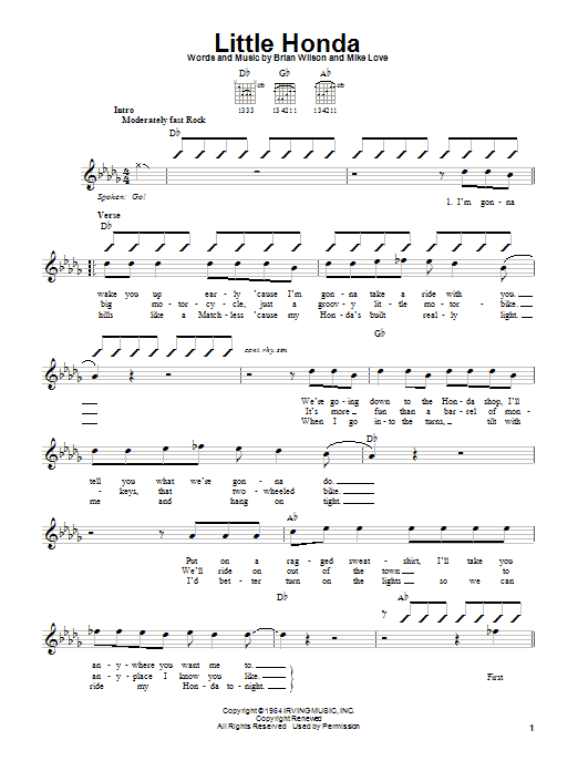 The Beach Boys Little Honda sheet music notes and chords. Download Printable PDF.