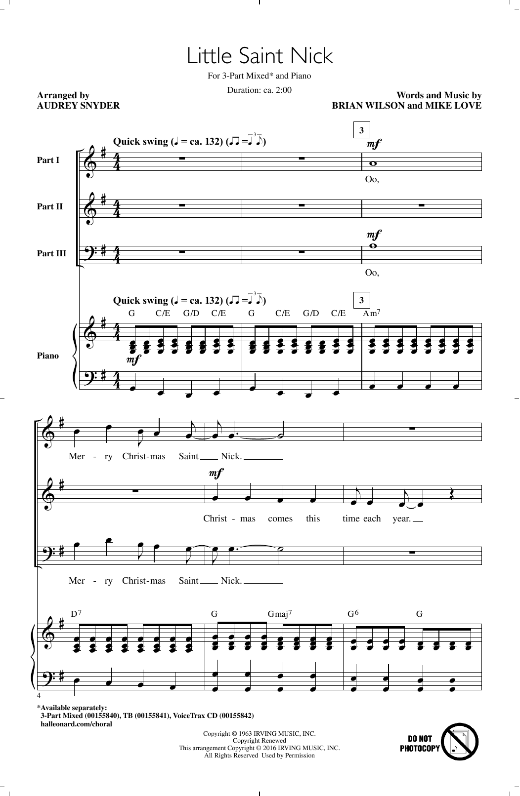 The Beach Boys Little Saint Nick (arr. Audrey Snyder) sheet music notes and chords. Download Printable PDF.