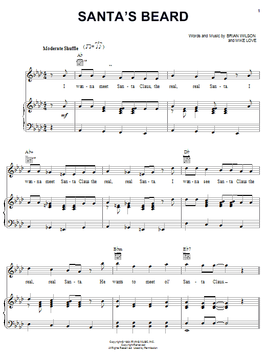 Learn to play The Beach Boys Santa's Beard sheet music for Piano, Vocal & Guitar Chords (Right-Hand Melody) in minutes. Price: 7.8900$ The Beach Boys Santa's Beard sheet music notes and chords arranged for Piano, Vocal & Guitar Chords (Right-Hand Melody)