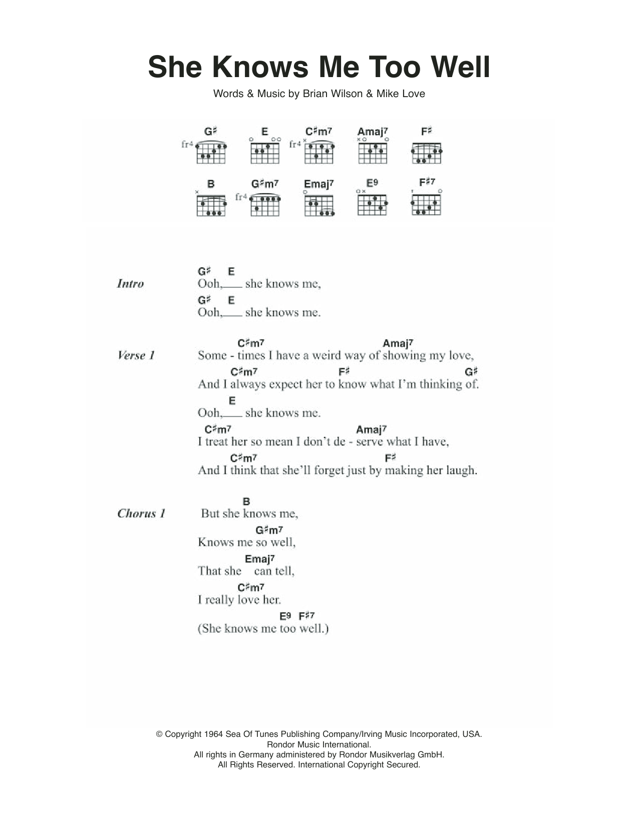 The Beach Boys She Knows Me Too Well sheet music notes and chords. Download Printable PDF.