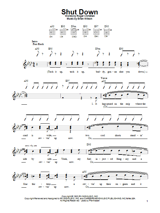 The Beach Boys Shut Down sheet music notes and chords. Download Printable PDF.