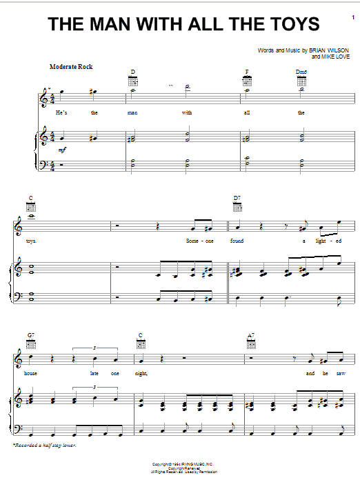Learn to play The Beach Boys The Man With All The Toys sheet music for Piano, Vocal & Guitar Chords (Right-Hand Melody) in minutes. Price: 7.8900$ The Beach Boys The Man With All The Toys sheet music notes and chords arranged for Piano, Vocal & Guitar Chords (Right-Hand Melody)
