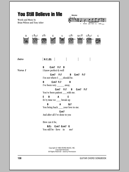 The Beach Boys You Still Believe In Me sheet music notes and chords. Download Printable PDF.