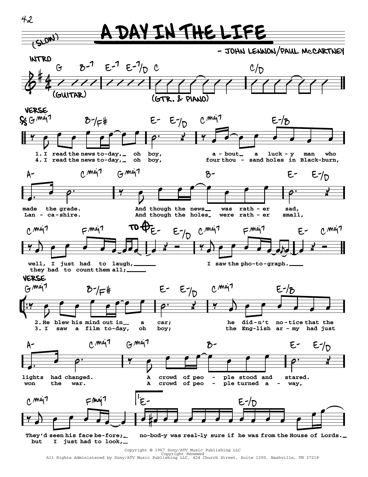 The Beatles A Day In The Life [Jazz version] sheet music notes and chords. Download Printable PDF.