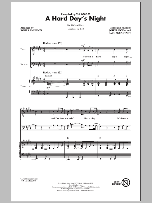 Learn to play The Beatles A Hard Day's Night (arr. Roger Emerson) sheet music for TB Choir in minutes. Price: 3.9900$ The Beatles A Hard Day's Night (arr. Roger Emerson) sheet music notes and chords arranged for TB Choir