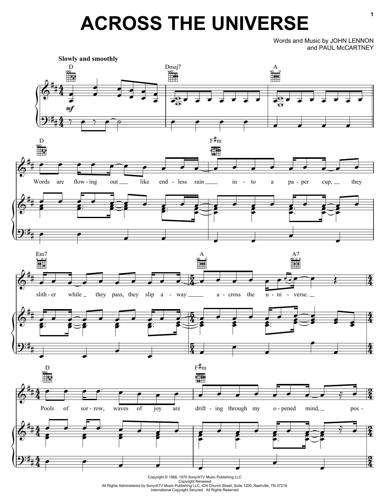 The Beatles Across The Universe sheet music notes and chords. Download Printable PDF.