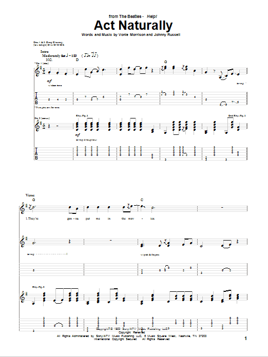 The Beatles Act Naturally sheet music notes and chords arranged for Guitar Tab