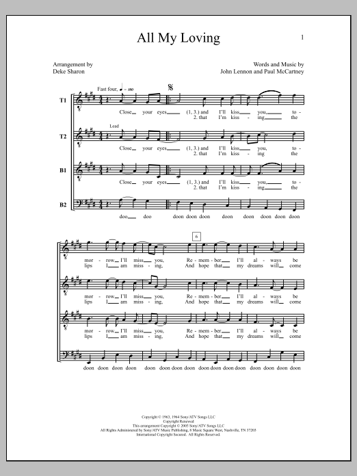 The Beatles All My Loving (arr. Deke Sharon) sheet music notes and chords. Download Printable PDF.