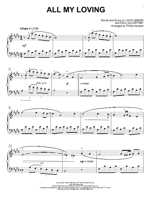 The Beatles All My Loving [Classical version] (arr. Phillip Keveren) sheet music notes and chords arranged for Piano Solo