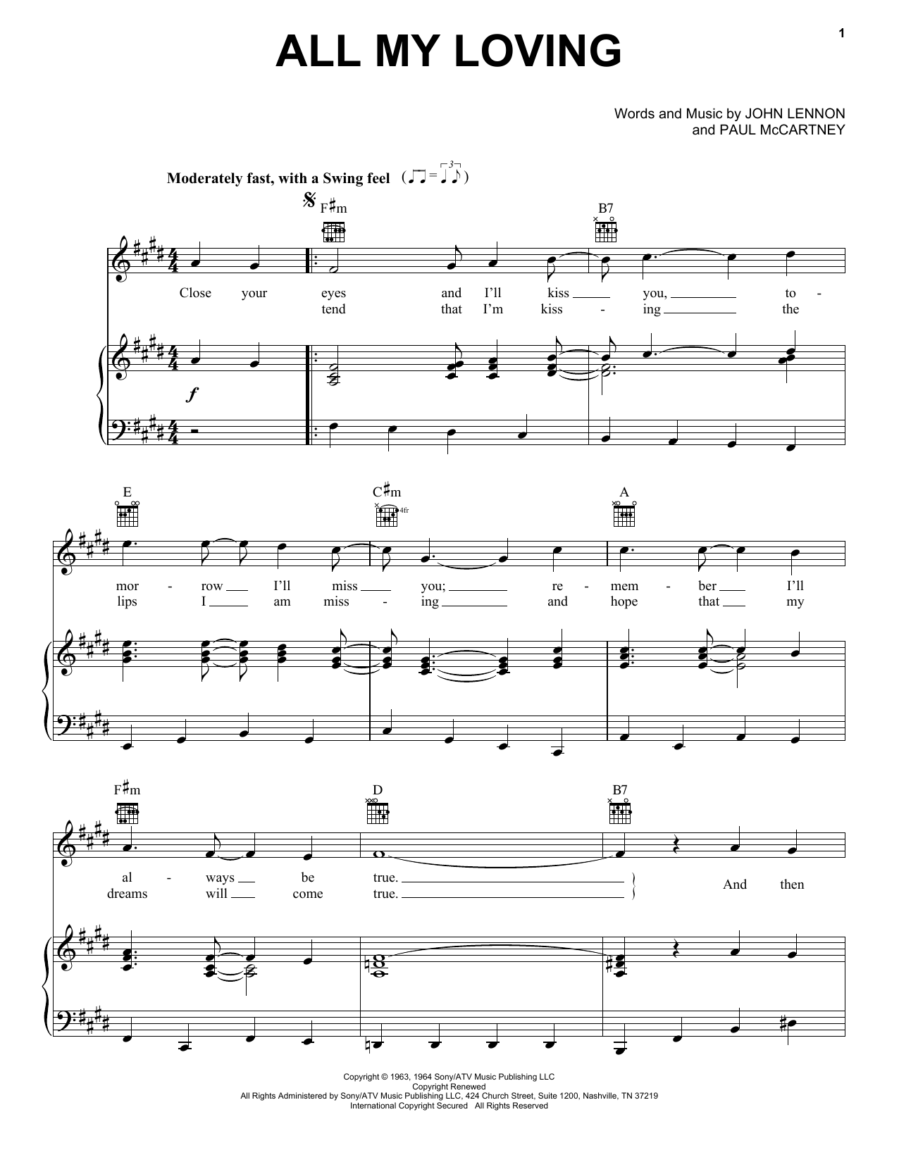 The Beatles All My Loving sheet music notes and chords. Download Printable PDF.