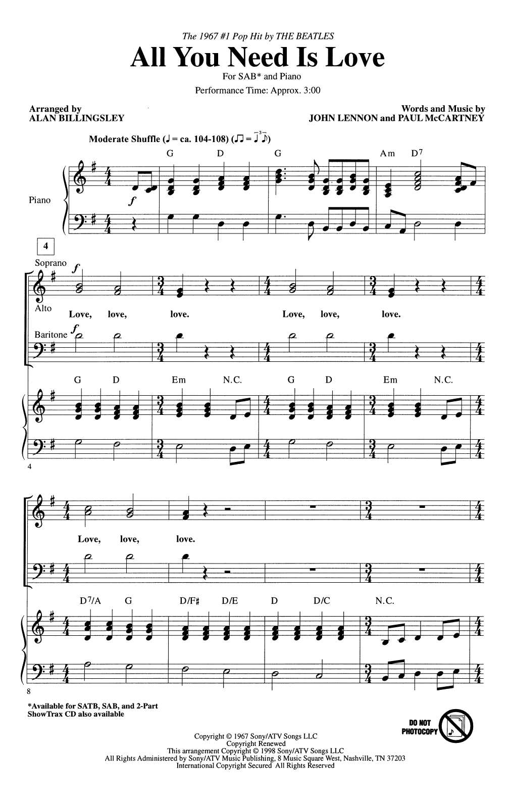 The Beatles All You Need Is Love (arr. Alan Billingsley) sheet music notes and chords arranged for 2-Part Choir