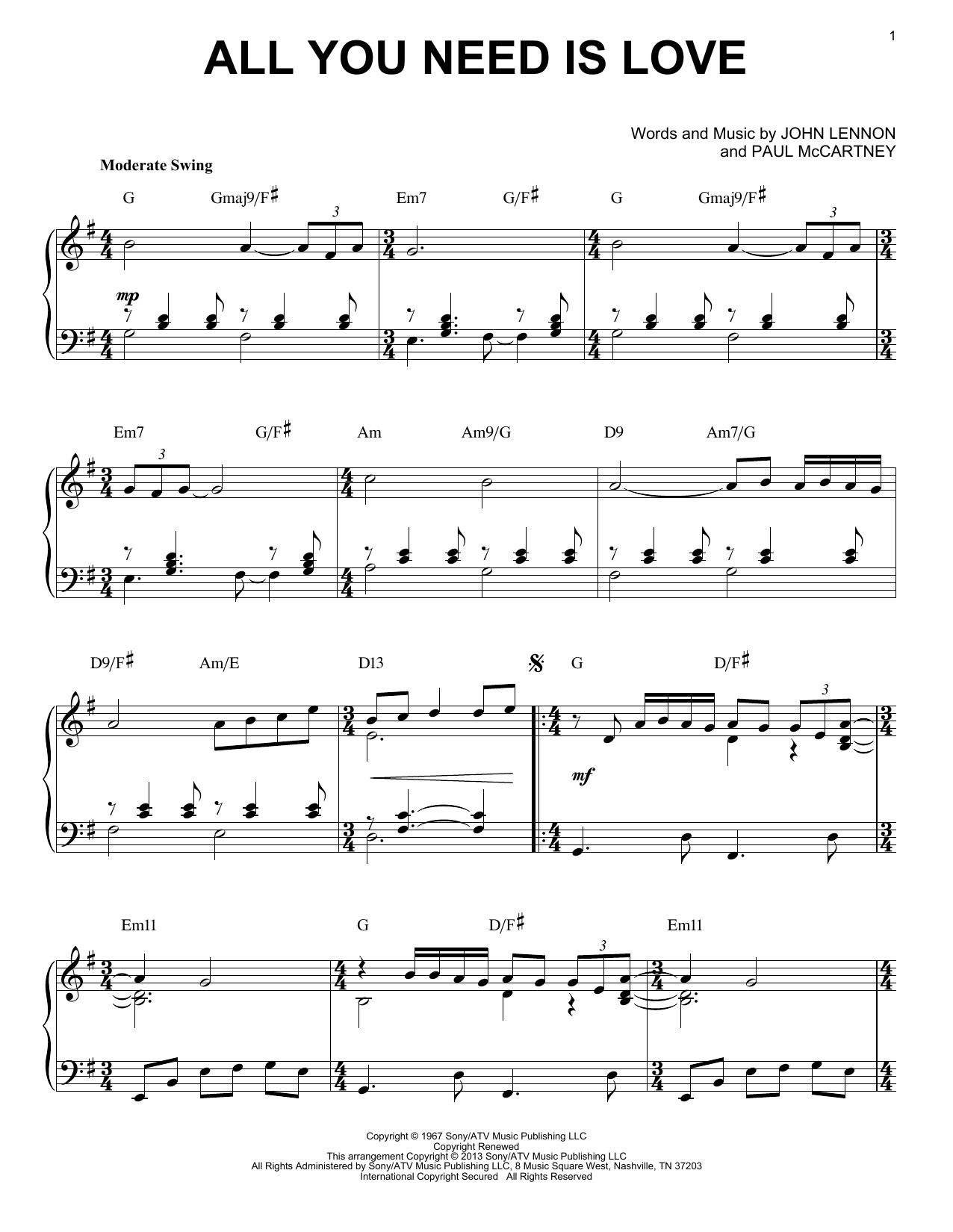 The Beatles All You Need Is Love [Jazz version] (arr. Brent Edstrom) sheet music notes and chords arranged for Piano Solo