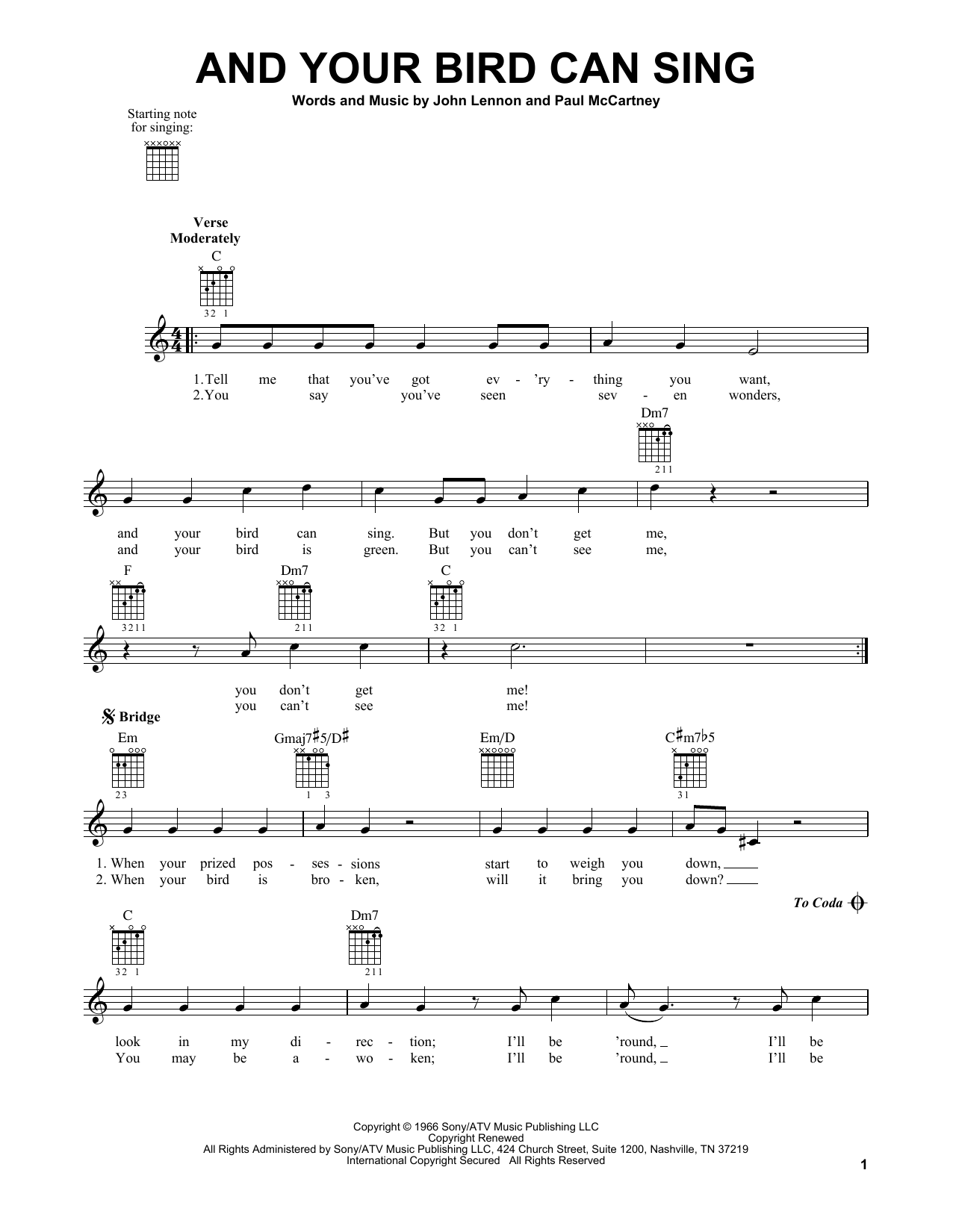 The Beatles And Your Bird Can Sing sheet music notes and chords. Download Printable PDF.