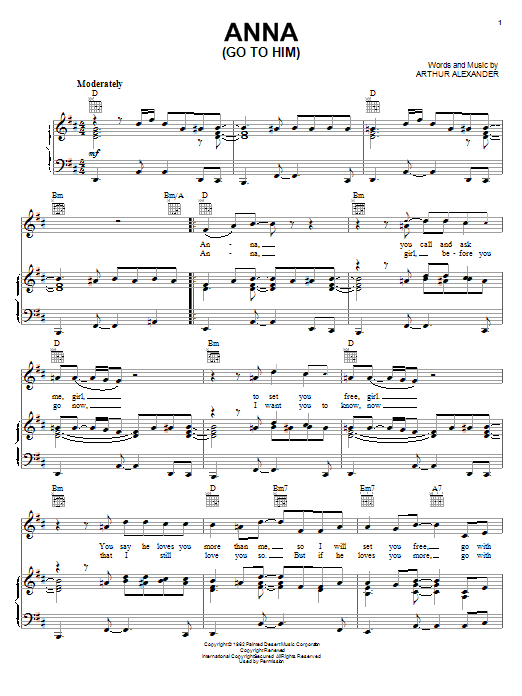 The Beatles Anna (Go To Him) sheet music notes and chords arranged for Piano, Vocal & Guitar Chords (Right-Hand Melody)