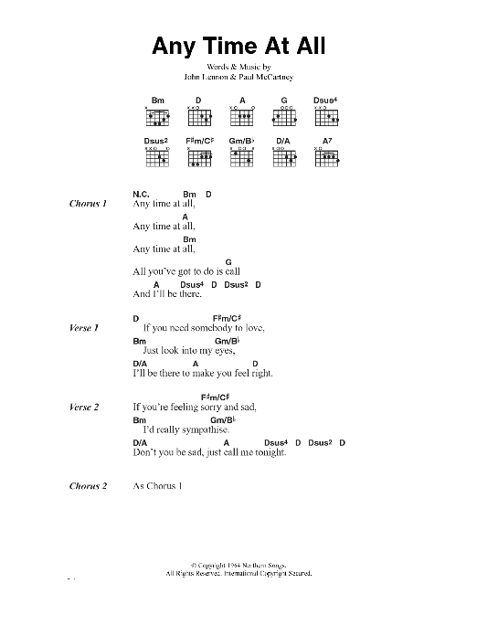 The Beatles Any Time At All sheet music notes and chords arranged for Guitar Chords/Lyrics