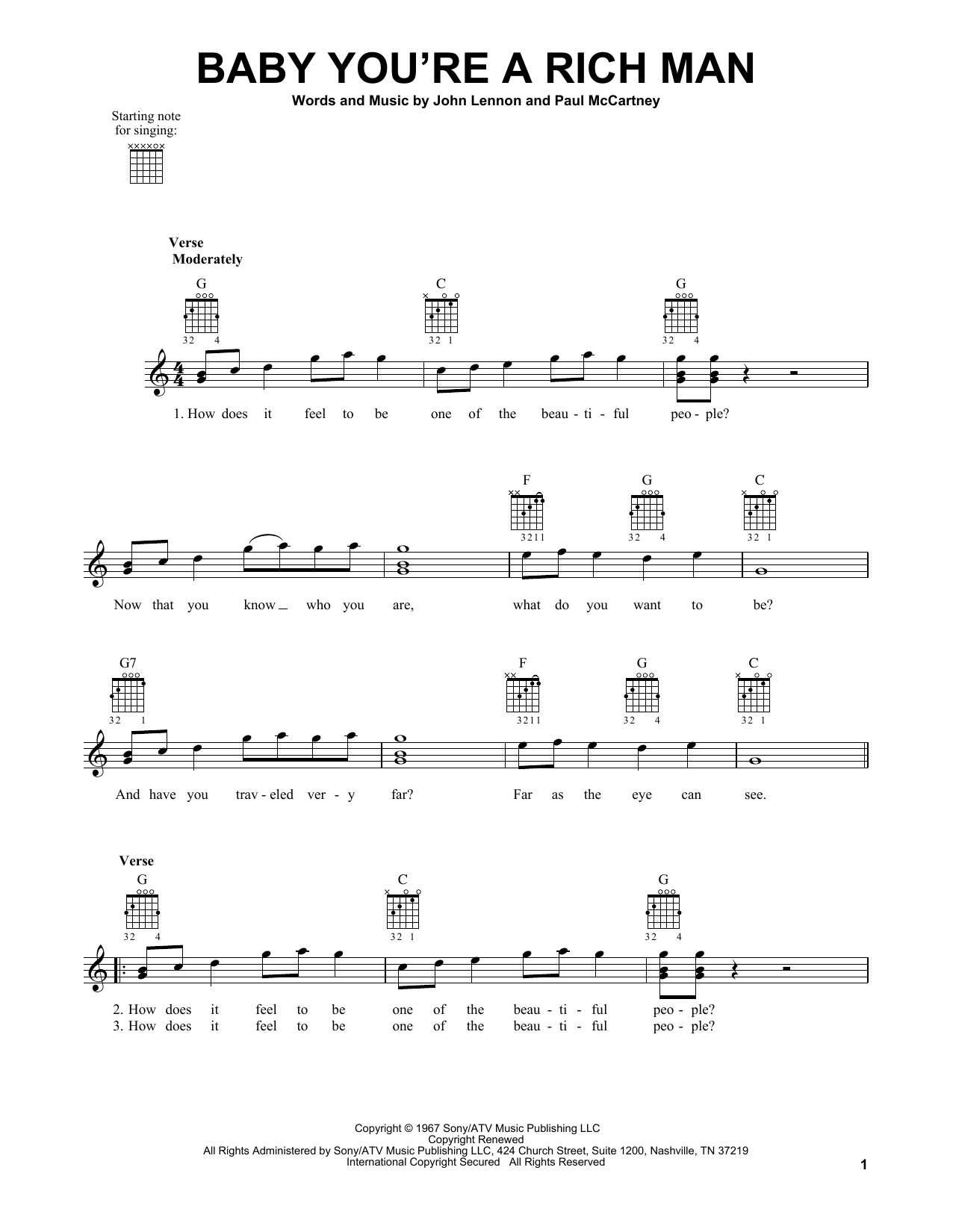 The Beatles Baby You're A Rich Man sheet music notes and chords arranged for Guitar Chords/Lyrics