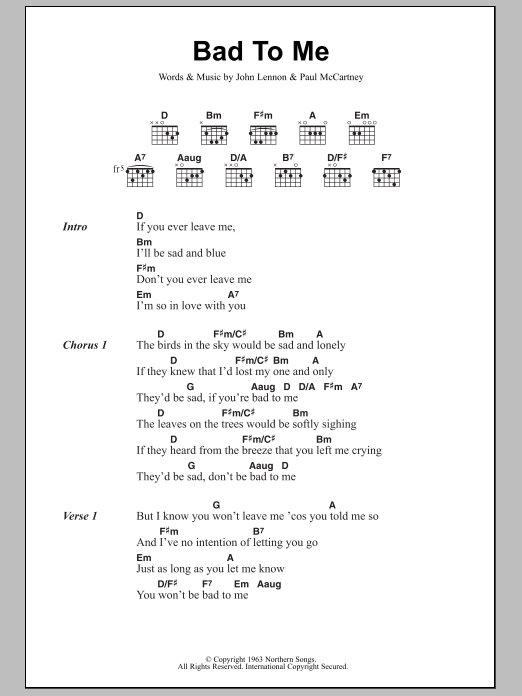 The Beatles Bad To Me sheet music notes and chords. Download Printable PDF.