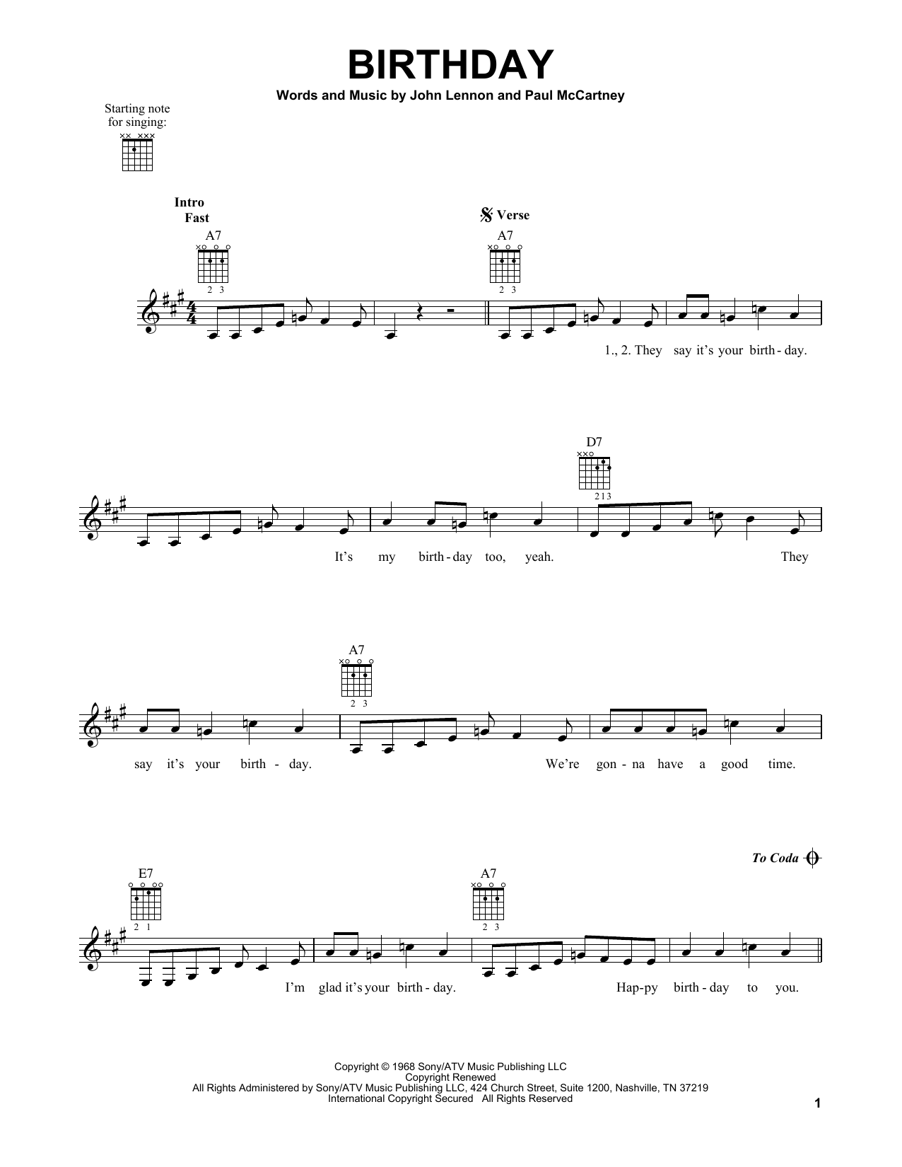 The Beatles Birthday sheet music notes and chords. Download Printable PDF.