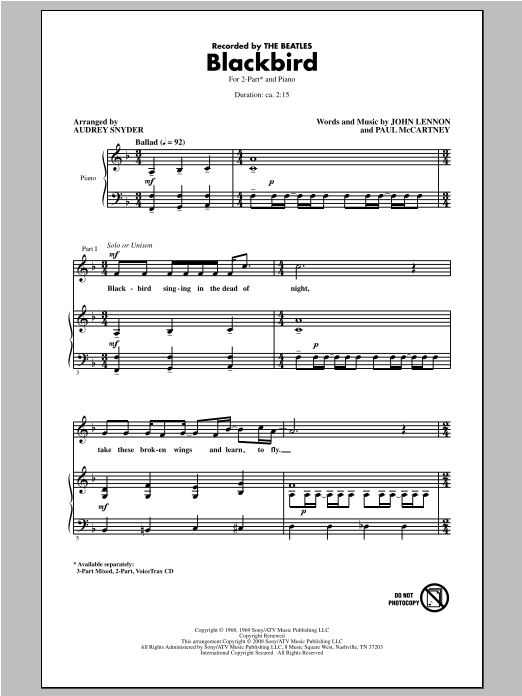 The Beatles Blackbird (arr. Audrey Snyder) sheet music notes and chords. Download Printable PDF.