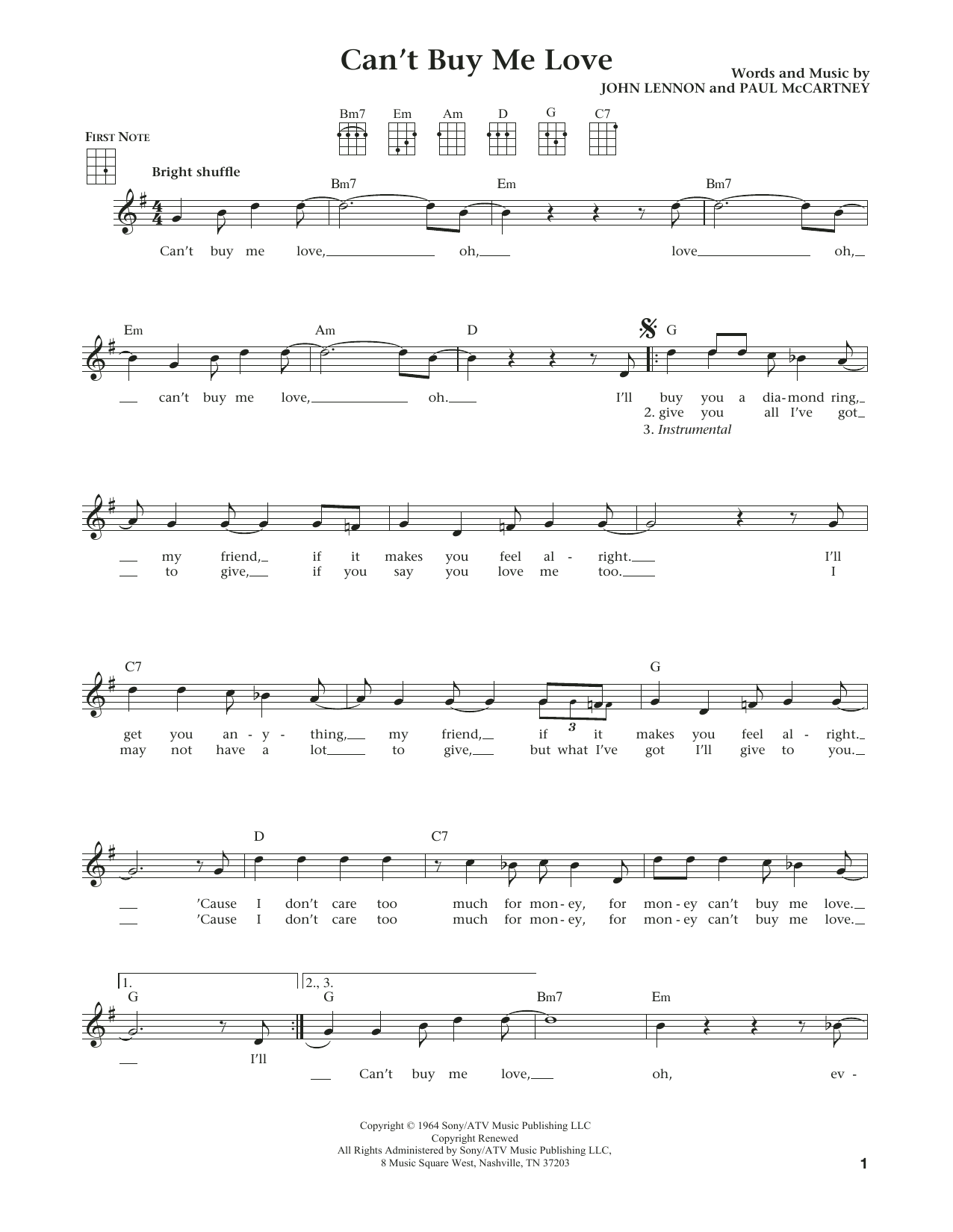 Learn to play The Beatles Can't Buy Me Love (from The Daily Ukulele) (arr. Liz and Jim Beloff) sheet music for Ukulele in minutes. Price: 5.9900$ The Beatles Can't Buy Me Love (from The Daily Ukulele) (arr. Liz and Jim Beloff) sheet music notes and chords arranged for Ukulele