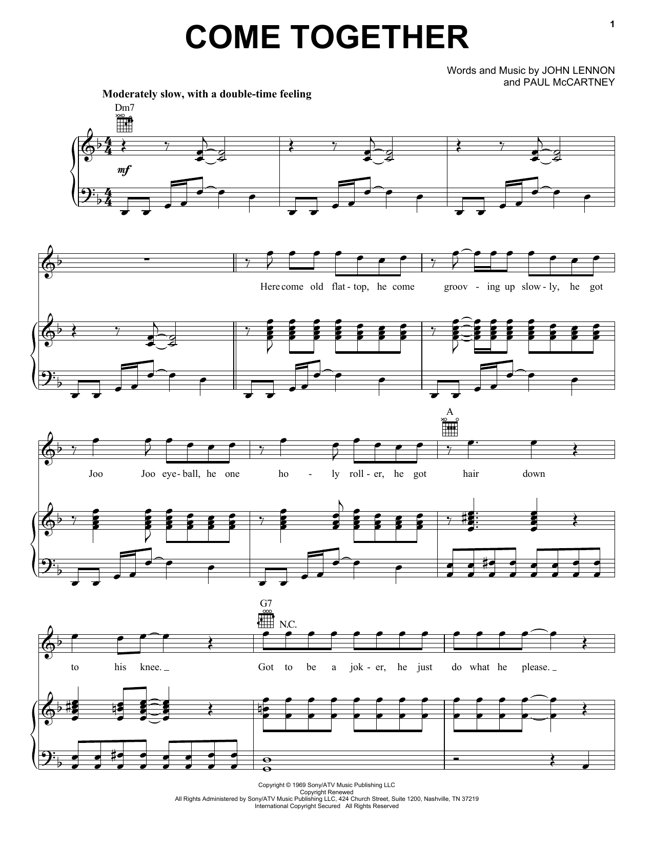 The Beatles Come Together sheet music notes and chords arranged for Piano, Vocal & Guitar Chords