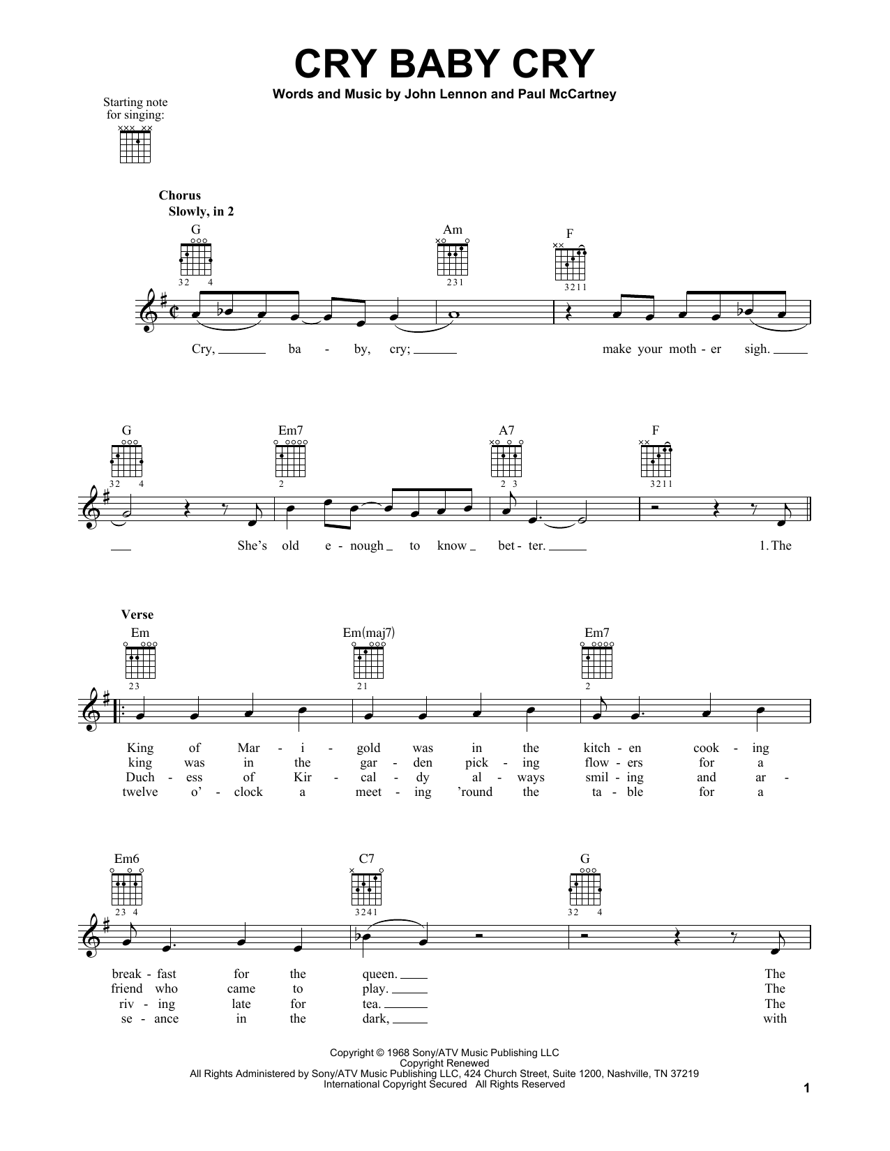 The Beatles Cry Baby Cry sheet music notes and chords. Download Printable PDF.