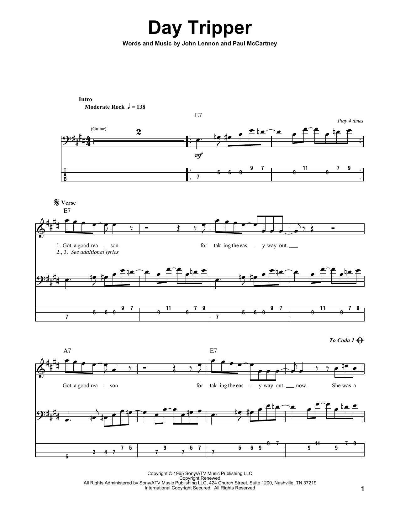 The Beatles Day Tripper sheet music notes and chords arranged for Violin Solo