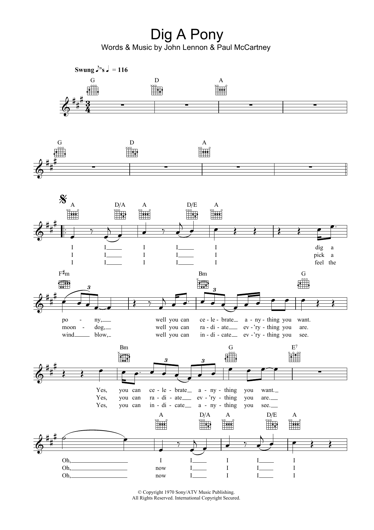 The Beatles Dig A Pony sheet music notes and chords. Download Printable PDF.