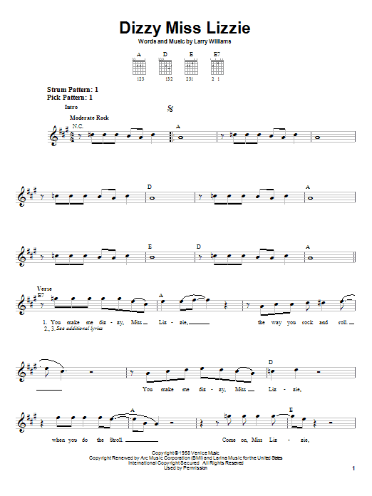 The Beatles Dizzy Miss Lizzie sheet music notes and chords. Download Printable PDF.